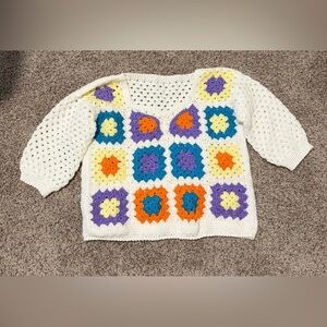 White Crochet Granny-Square Pullover Sweater with Multicolor Accents